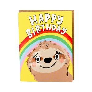 Colourful happy birthday card with illustrated sloth and rainbow
